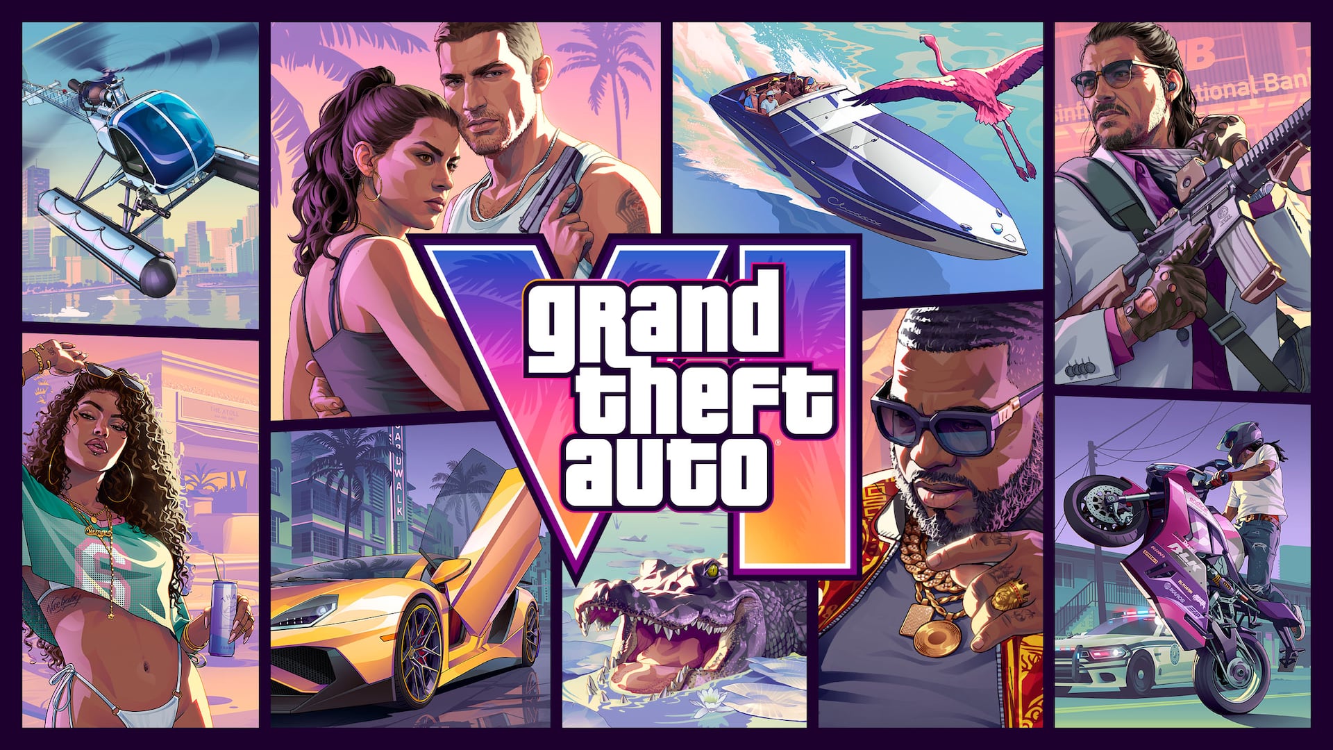 Official Grand Theft Auto VI artwork featuring the game's sunlit coastal setting