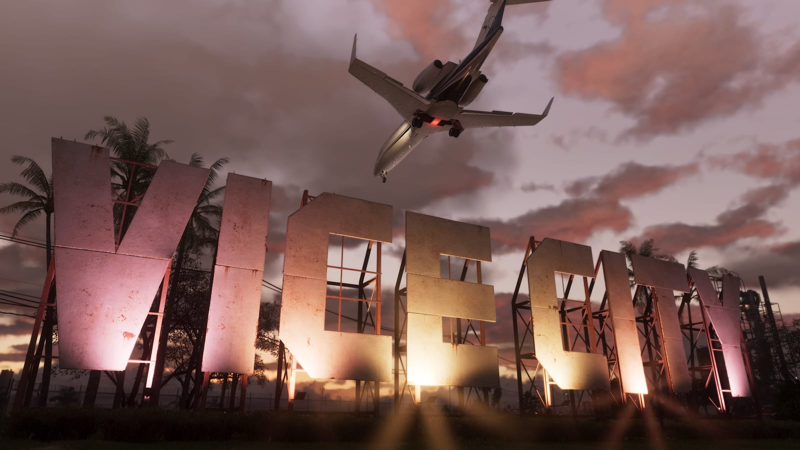 Official Grand Theft Auto VI screenshot showing the streets and skyline of Vice City